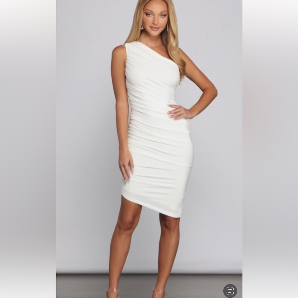 Windsor One-Shoulder White Ruched Sheath Dress